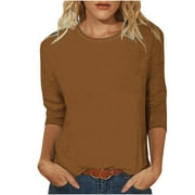 Women's Casual Solid Color Round Neck Three Quarter Sleeve Tops Blouse Basic Loose Dressy Work Shirt (01- Brown,L)